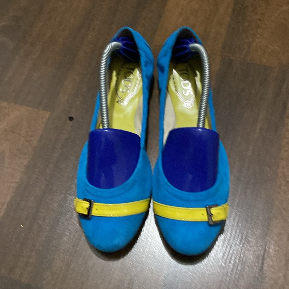 NWOT TOD’S Italian Made Suede Patent Trim Buckle Ballerina Flat Size 38.5
